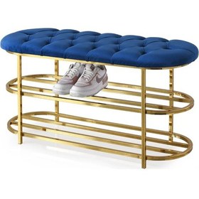 Resim Kapitoneli Puf Bench Kapı Önü Metal Ayakkabılık Saks Mavi 