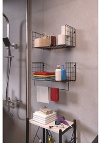 Resim İkili Set Dekoratif Ferforje Mutfak Banyo Ofis Salon Duvar Rafı Siyah 