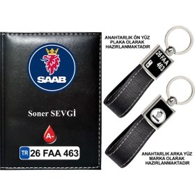 Resim Plakanıza Özel Saab Logolu Siyah Ruhsat Kabı Ve Anahtarlık 