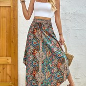 Resim Paisley desenli lastikli bel etek, Boho yüksek bel kıvrımlı etek İlkbahar ve Yaz için, Kadın Giyim 