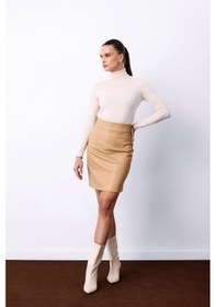 Resim Sateen Şardonlu Deri Etek - Bej-135487 Bej 