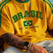 Resim Erkekler için Brezilya Futbolu Forması T-Shirt - Sarı, Yeşil ve Mavi Baskı, "Brezilya Rio de Janeiro" Tasarımı, Kısa Kollu, Yuvarlak Yaka, Polyester Örgü Kumaş, Yaz Aktiviteleri ve Günlük Giyim için Mükemmel, Futbol Formaları 