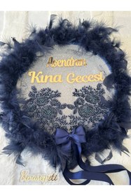 Resim Kınasepeti İsme Özel Lüks Tüylü Kına Defi, Gold Pleksi İsimlikli ve Boncuk İşlemeli Gösterişli Gelin Tefi 