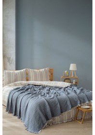 Resim Berolige Easy Müslin İplik Boya Çift Kişilik Yatak Örtüsü Indigo Mavi Indigo 