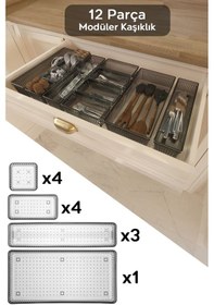 Resim 12 Parça Modüler Kaşıklık Seti - Ayarlanabilir Mutfak Çekmece İçi Düzenleyici Organizer Antrasit 