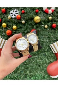 Resim ÇENÇEN Takım Kol Saati Sevgili Çift Saat Gold Kordon Gümüş Kadran Çift Saati 