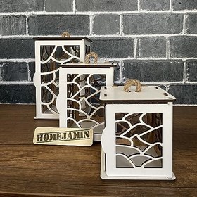 Resim 3'lü Mini Ahşap Dekoratif Süs Fener Seti Asimetrik Motif (Beyaz) 