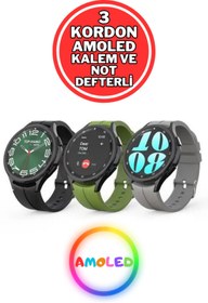 Resim Maybax Amoled Ekran 3 Kordonlu Kalem Not Defteri Hediyeli Sesli Görüşme Bildirim Sağlık ve Spor Mod 