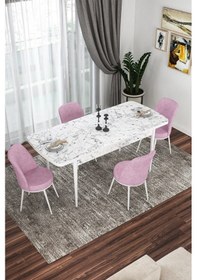 Resim Canisa Kor Serisi 70x114 Açılabilir Mutfak Masası Takımı Beyaz Mermer Desen Masa 4 Pembe Sandalye Masa Beyaz Mermer Desenli Sandalyeler Pembe 
