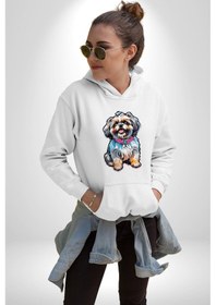 Resim Shih Tzu Renkli Köpek Kadın Erkek Beyaz Kapüşonlu Sweatshirt Hoodie Beyaz 