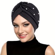 Resim Kadınlar için Tüy İçermeyen Kimyasal Tedavi Başörtüsü - Esnek Örme Türban Şapka - Polyester İnci Süslemeli Müslüman Türban Şapka 