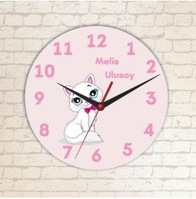 Resim Çocuklara Özel Kedi Tasarımlı Duvar Cam Saati Beyaz 