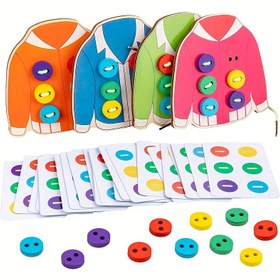 Resim 1 Set Renkli Ahşap Düğme İplik Geçirme Oyunu Çocuklar İçin - Eğitici Dikiş & Yaşam Becerileri Oyuncak, Canlı K 