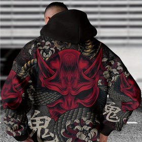 Resim Erkekler için Japon Oni Maskeli Kapüşonlu Sweatshirt - 3D Baskılı Japon Şeytan Kostümü Stili, Bol Kesim, Uzun Kollu Kimono Esintili Kazak, Temalı Partiler ve Günlük Giyim İçin (Makinede Yıkanabilir) 