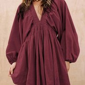 Resim 1 adet Kadınlar için Derin V-Yaka Elbise - Polyester Tatil Stili, Düz Renk, Sıkı Kesim, Tüm Mevsimler, 120g/m² Kumaş Ağırlığı, Dokuma, Toplama Detayı 
