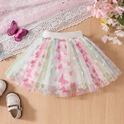 Resim Sevimli Kızlar Gökkuşağı Kelebek Etek - Diz Boyu, Pileli Tül ile 3D Nakış, Pastel Renkler (Pembe, Mavi, Yeşil) - Doğum Günleri, Partiler ve Yaz Kutlamaları için Mükemmel - Makinede Yıkanabilir 