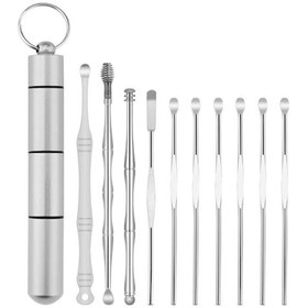 Resim Mufunye Kulak Temizleme Çubuğu, Çift Başlı Yaylı Spiral Masaj, Gümüş Silindir 10 Parçalı Set 
