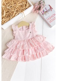 Resim Üç Katlı %100 Pamuk Kız Bebek Elbise Şık Doğum Günü Özel Gün Pembe Çok Renkli 