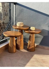 Resim Wood Wooden 3 Lü Set Fitilli Derin Çizgili Mantar Yan Sehpa Moder 