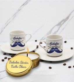 Resim Babalar Gününe Özel Baskılı 2'li Türk Kahve Fincanı & Metal Mum Hediye Seti Babalar Gününe Özel Hediye B5 