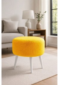 Resim Waterybrook Yuvarlak Puf Welsoft Kumaş Beyaz Ahşap Ayaklı - Makyaj - Yatak Ucu - Dekoratif Oturma Pufu Sarı 