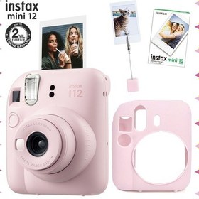 Resim Fujifilm Instax Mini 12 Fotoğraf Makinesi + 10'lu Film + Kıskaçlı Resim Standı + Silikon Kılıf Seti Pembe 