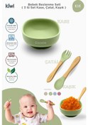 Resim Kiwi 3 Parça Kase Çatal Kaşık Beslenme Seti - Doğal Silikon Bpa İçermez- Olive 