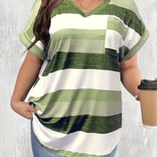Resim Kadınlar için Şık V-Yaka Kısa Kollu Günlük Tişört - Yatay Çizgili Yeşil & Beyaz, Makinede Yıkanabilir, Her Mevsim İçin Uygun Üst Giyim, Bayan T-Shirtleri, Pürüzsüz Dokulu Kumaş, Rahat Kıyafet, Klasik Çizgiler, Nefes Alabilen Malzeme, Temel Tee, Hafta Sonu Kıyafeti 