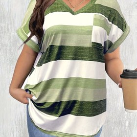 Resim Kadınlar için Şık V-Yaka Kısa Kollu Günlük Tişört - Yatay Çizgili Yeşil & Beyaz, Makinede Yıkanabilir, Her Mevsim İçin Uygun Üst Giyim, Bayan T-Shirtleri, Pürüzsüz Dokulu Kumaş, Rahat Kıyafet, Klasik Çizgiler, Nefes Alabilen Malzeme, Temel Tee, Hafta Sonu Kıyafeti 
