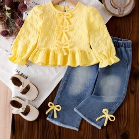 Resim Kızlar İçin 2 Parça Takım: İlkbahar/Sonbahar için Fiyonk Detaylı Uzun Kollu Üst ve Düz Paça Kot Pantolon, Dış Mekan Kullanımına Uygun 