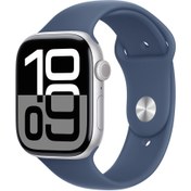 Resim Apple Watch Series 10 GPS + Cellular 42mm Silver Aluminium Case with Denim Sport Band - S/M 