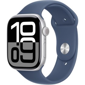 Resim Apple Watch Series 10 GPS + Cellular 42mm Silver Aluminium Case with Denim Sport Band - S/M 