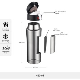 Resim Karaca Pluton Çelik Sızdırmaz Termos Inox 450 ml 