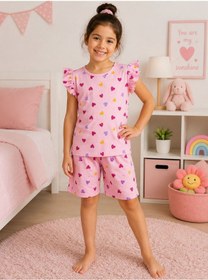 Resim Aliş Kids Kız Çocuk Pamuklu Pembe Kalp Desenli Kolları Fırfırlı Kısa Kollu Şortlu Yazlık Pijama Takımı 