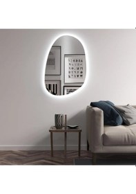 Resim 40x58 Cm Asimetrik Oval Led Banyo Aynası Dokunmatik Dim Edilebilir, 6500k Beyaz Işık Beyaz 