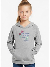 Resim Kanguru Cepli Kapüşonlu Kız Çocuk Sweatshirt Be Kind Yazı Baskılı Gri 