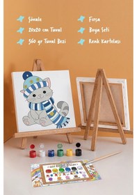 Resim Bere Ve Atkılı Sevimli Kedi Temalı Çocuk Boyama Tuvali Şövaleli Eğitici Boyama Seti 20x20 Cm 