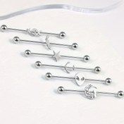 Resim 6'lı set 1.2*40mm Paslanmaz Çelik Endüstriyel Barbell Kıkırdak Küpeleri, Ay, Beş Köşeli Yıldız, Ay Yıldız, Uzaylı ve Yarasa Tasarımlı Delikli Uzun Spiral Küpeler, Erkek ve Kadınların Günlük Kullanımı İçin Uygun, Endüstriyel Barbell Kıkırdak Piercing Süslemeleri, Çok Parçalı Set Qing'an Jing Yönü 