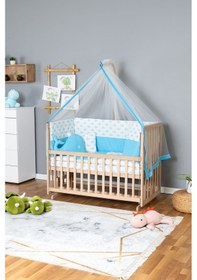 Resim Ahşap Beşik Anne Yanı Beşik Organik 70x130 - Mavi Balina Uyku Seti + Yataklı Ahşap 