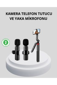 Resim MegaSepet Mey İthalat® Kablosuz Çift Yaka Mikrofonu ve Tripodlu Selfie Çubuğu İçerik Üretici Seti 