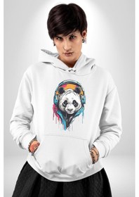 Resim Kulaklık Ayı Panda Kadın Erkek Beyaz Kapüşonlu Sweatshirt Hoodie Beyaz 