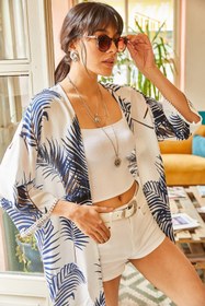 Resim Olalook Kadın Lacivert Güpür Detaylı Viskon Kimono CKT-19000080 