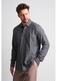 Resim Alexandergardı Çizgili Uzun Kollu Erkek Keten Gömlek Eg-1866 Siyah - Gri 