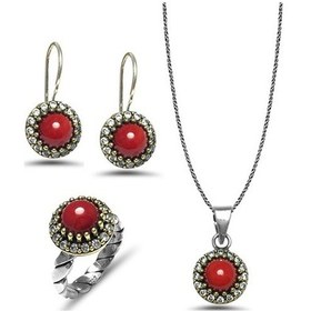 Resim Mercan Taşlı El Işi Otantik Gümüş Üçlü Set (515509612) 