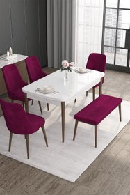 Resim Canisa Roy Serisi 80x132 Mdf Beyaz Masa Ceviz Ayak Masa Takımı 4 Mürdüm Sandalye Ve 1 Bench 
