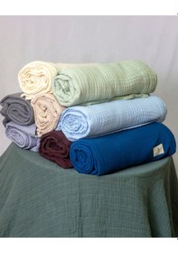 Resim 4 Katlı Müslin Yatak Örtüsü - Battaniye Pike %100 Organik Pamuk Dört Mevsim Yumuşak Gots Sertifikalı Su Yeşili 