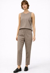 Resim Kadın Beli Lastikli Çizgili Keten Baggy Pantolon-Kahverengi Çizgili - Kahverengi Çizgili / XL 