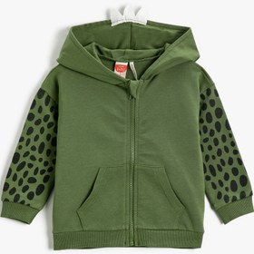 Resim Erkek Bebek Dinozor Temalı Aplike Detaylı Fermuarlı Sweatshirt Baskılı Cepli 