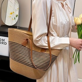 Resim Şık Bambu Dokuma Omuz Çantası - Büyük Kapasite, Fermuar Kapatma, Polyester Astarlı, Çok Yönlü Plaj Çantası ile Askılar (Yıkanmaz), Kadınlar için Düz Renk Tasarımı 
