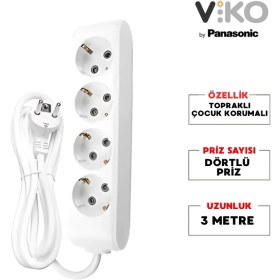 Resim Viko Dörtlü Grup Priz, Topraklı - Çocuk Korumalı Çoğaltıcı Priz 4'lü 3 m Beyaz 